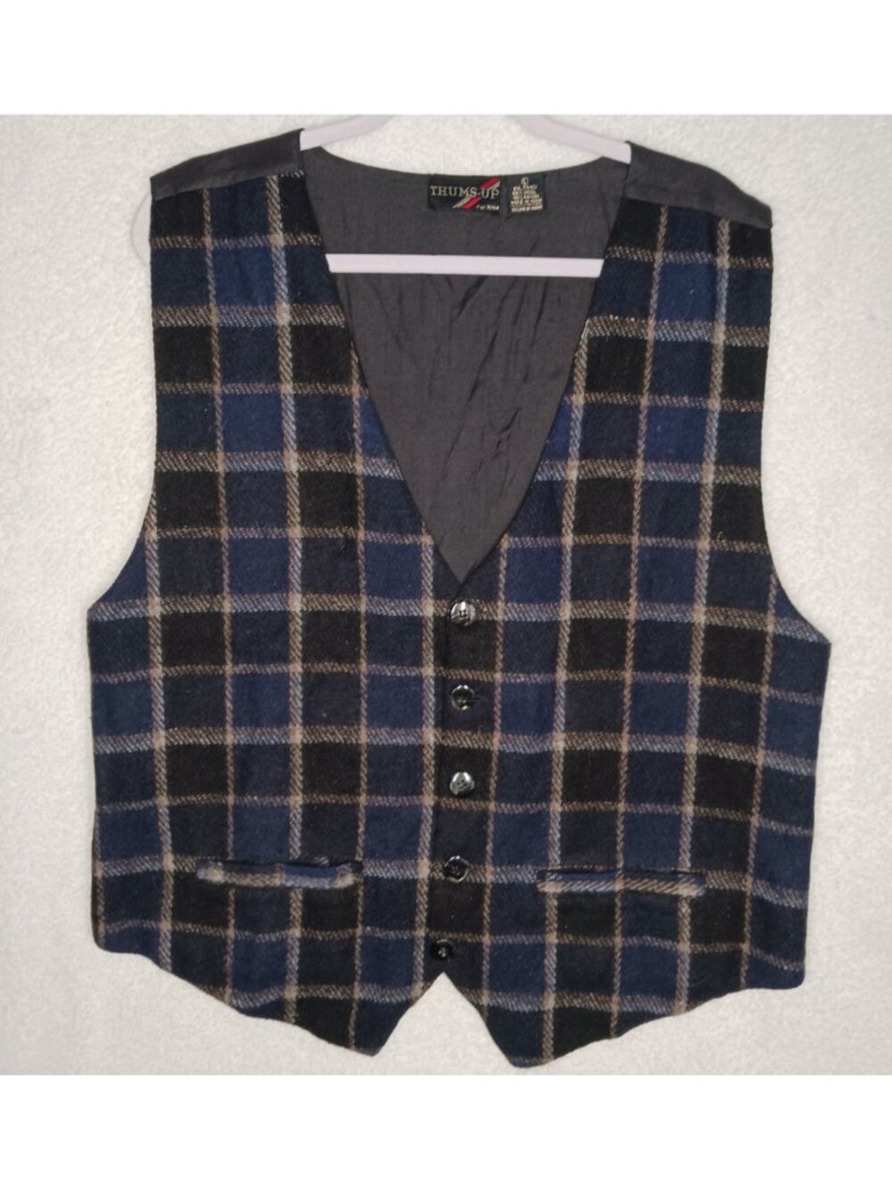 VTG 90s Thums Up Vest Mens L Plaid Wool Blend Button Hipster Classic Waistcoat